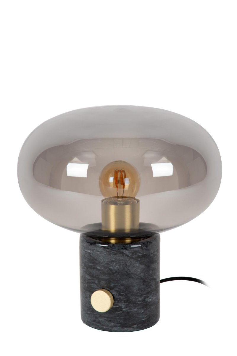 Charlize 24cm Røykfarget bordlampe Fra Lucide - Kombinasjonen av en marmorbunn av høy kvalitet og en kopp i ravfarget eller røkt glass gjør Charlize til en unik retrodetalj i ethvert interiør.