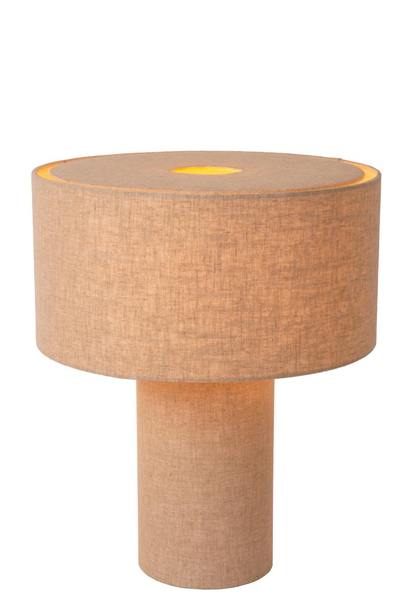 Leeroy 52cm Taupe bordlampe Fra Lucide - B&aring;de den sylindriske lampeskjermen og den koniske sokkelen er dekket av h&oslash;ykvalitets lin, som skaper et koselig lys i rommet.