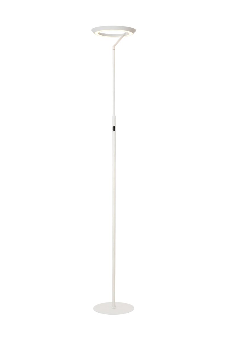 Celeste Hvit gulvlampe Fra Lucide - Den avrundede, kompakte skjermen, med en diameter p&aring; 28 centimeter, sprer lys b&aring;de opp og ned.