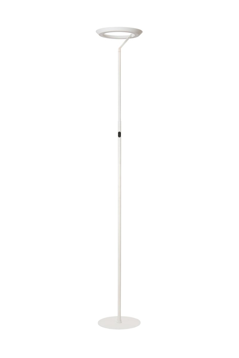 Celeste Hvit gulvlampe Fra Lucide - Den avrundede, kompakte skjermen, med en diameter p&aring; 28 centimeter, sprer lys b&aring;de opp og ned.