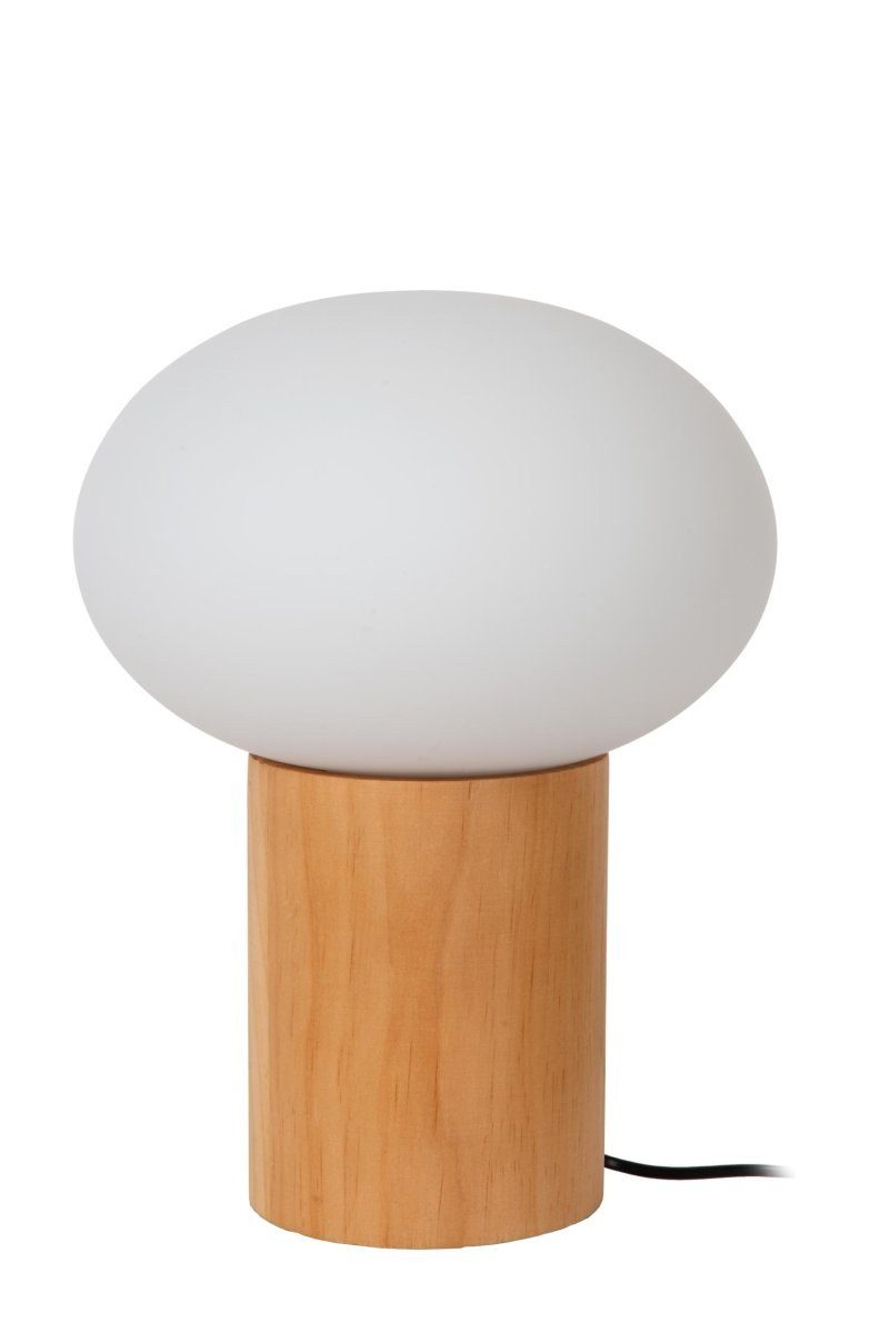 Birtle 38cm Natur bordlampe Fra Lucide - Med sin eggformede skjerm i opalglass og sin dekorative trebunn er Birtle en umiddelbar suksess.
