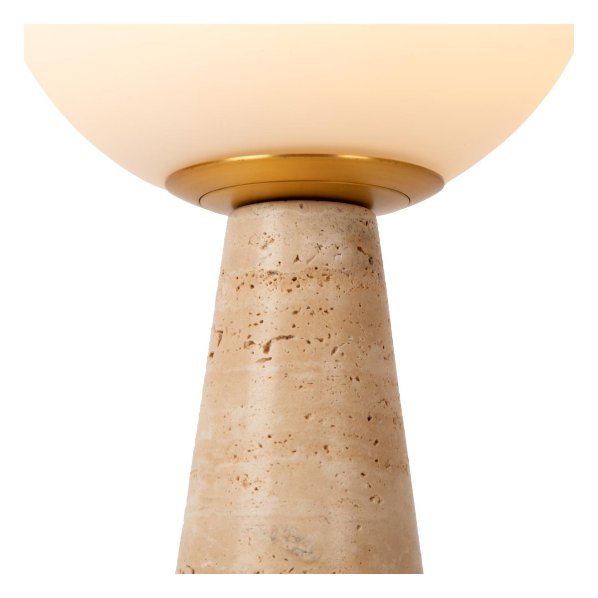 Evin 45cm Opal bordlampe Fra Lucide - Evin er en bordlampe med en konisk base av travertinmarmor og en frostet globeformet skjerm som ser mer ut som et kunstverk enn en praktisk bordlampe.
