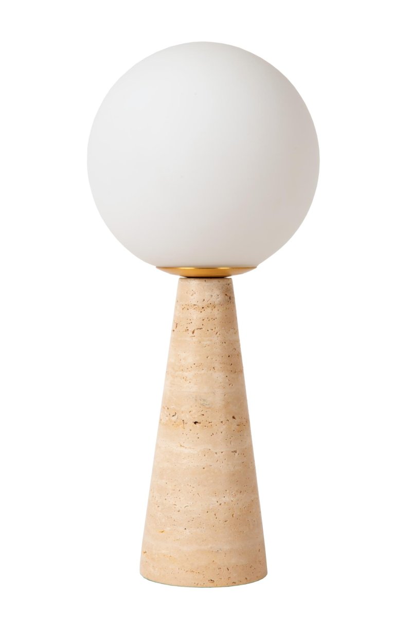 Evin 45cm Opal bordlampe Fra Lucide - Evin er en bordlampe med en konisk base av travertinmarmor og en frostet globeformet skjerm som ser mer ut som et kunstverk enn en praktisk bordlampe.