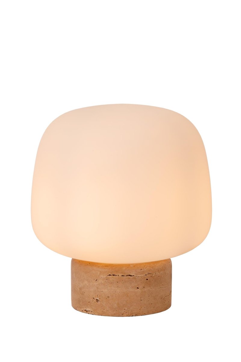 Anston 24cm Opal bordlampe Fra Lucide - Gi sidebordet eller skjenken et moderne preg med Anston, en bordlampe i opalt glass som står på; en bred base av travertinmarmor.