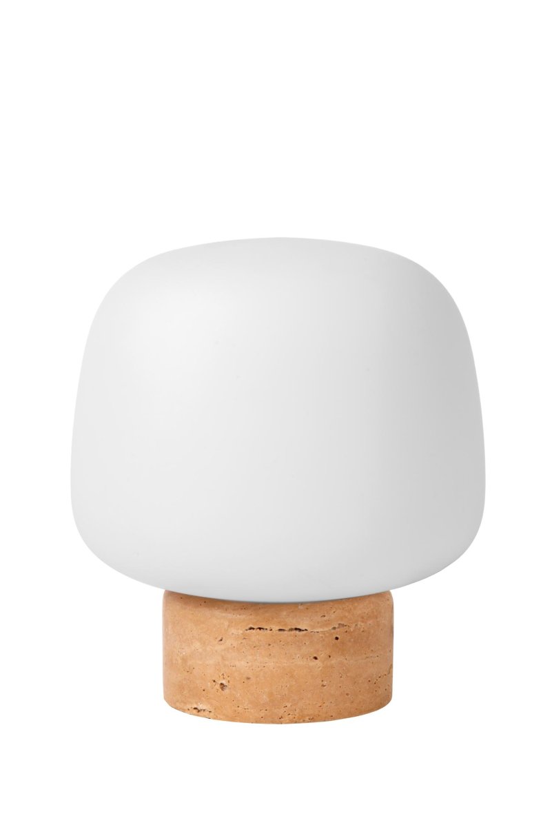 Anston 24cm Opal bordlampe Fra Lucide - Gi sidebordet eller skjenken et moderne preg med Anston, en bordlampe i opalt glass som står på; en bred base av travertinmarmor.