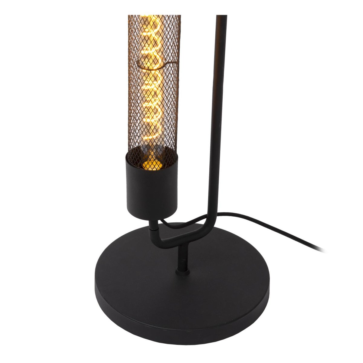 Calixt Svart gulvlampe Fra Lucide - Med sin rene og slanke design, og for eksempel to gl&oslash;delamper innelukket i en sylinder av nett og sitt metalliske utseende, passer den perfekt inn i et moderne interi&oslash;r.