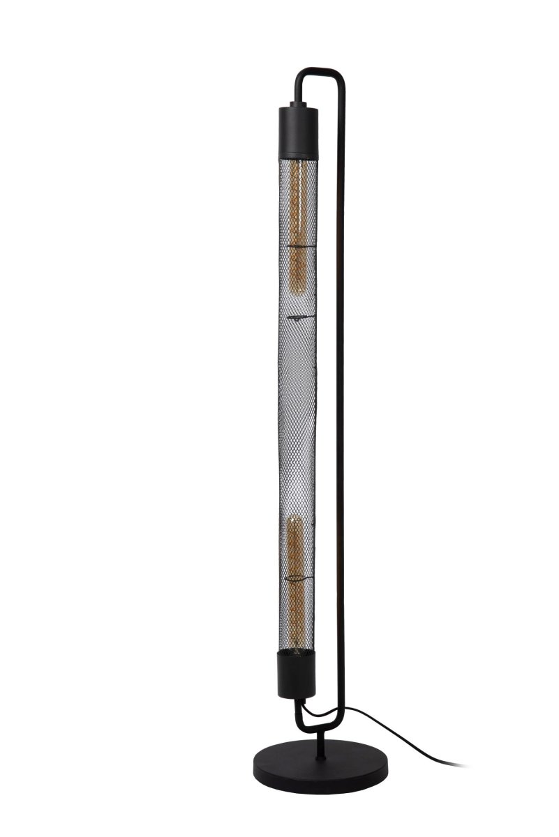 Calixt Svart gulvlampe Fra Lucide - Med sin rene og slanke design, og for eksempel to gl&oslash;delamper innelukket i en sylinder av nett og sitt metalliske utseende, passer den perfekt inn i et moderne interi&oslash;r.