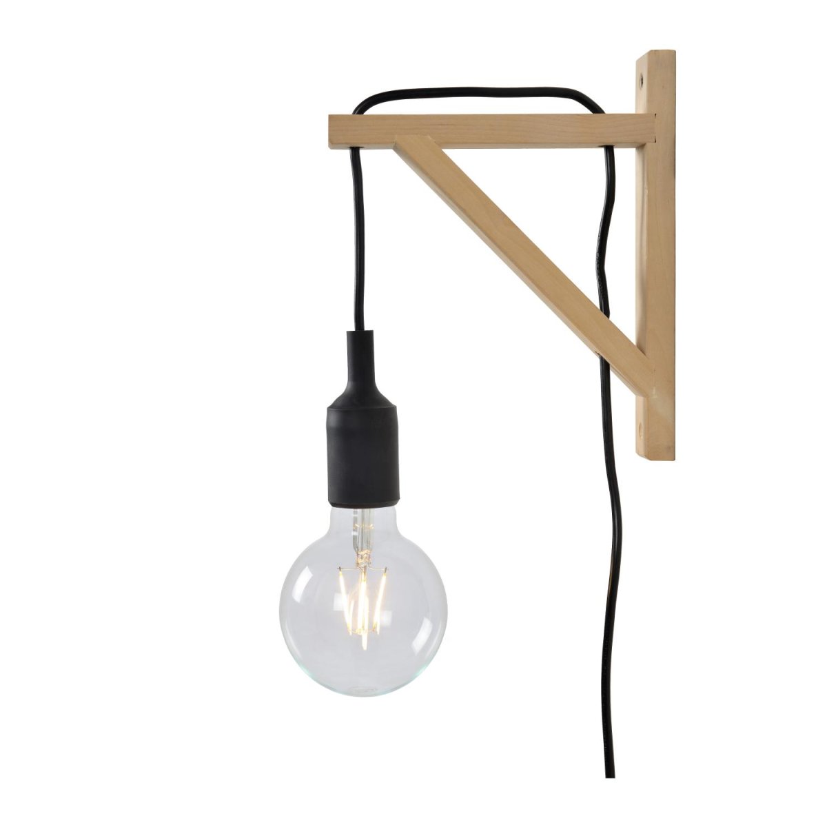 Fix 22cm Svart vegglampe Fra Lucide - Den trebaserte holderen er enkel å montere på; veggen &ndash; uansett høyde &ndash; og den lange ledningen til pæren gjør at du kan justere høyden på lampen etter montering.