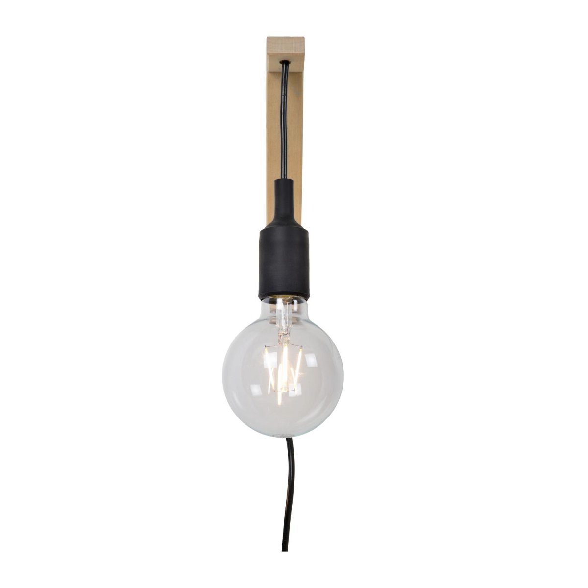 Fix 22cm Svart vegglampe Fra Lucide - Den trebaserte holderen er enkel å montere på; veggen &ndash; uansett høyde &ndash; og den lange ledningen til pæren gjør at du kan justere høyden på lampen etter montering.