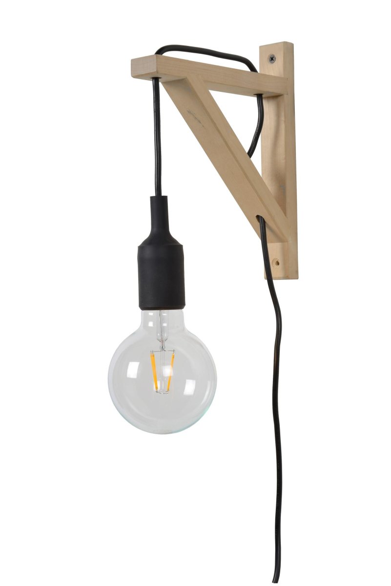 Fix 22cm Svart vegglampe Fra Lucide - Den trebaserte holderen er enkel å montere på; veggen &ndash; uansett høyde &ndash; og den lange ledningen til pæren gjør at du kan justere høyden på lampen etter montering.