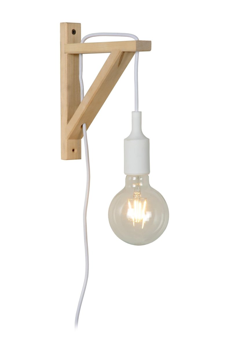 Fix 22cm Hvit vegglampe Fra Lucide - Den trebaserte holderen er enkel å montere på; veggen &ndash; uansett høyde &ndash; og den lange ledningen til pæren gjør at du kan justere høyden på lampen etter montering.