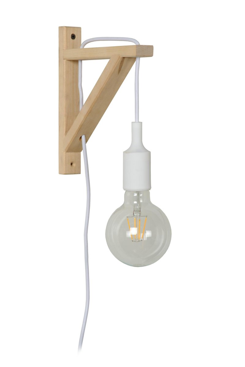Fix 22cm Hvit vegglampe Fra Lucide - Den trebaserte holderen er enkel å montere på; veggen &ndash; uansett høyde &ndash; og den lange ledningen til pæren gjør at du kan justere høyden på lampen etter montering.