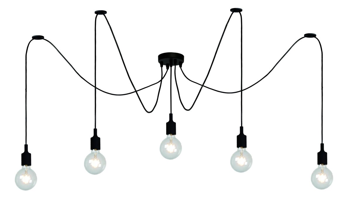 Fix Ø400 Svart Taklampe Fra Lucide - Med fem lysarmaturer og ledninger (lengde 200 cm) kan du velge hvordan og hvor du installerer denne lampen.