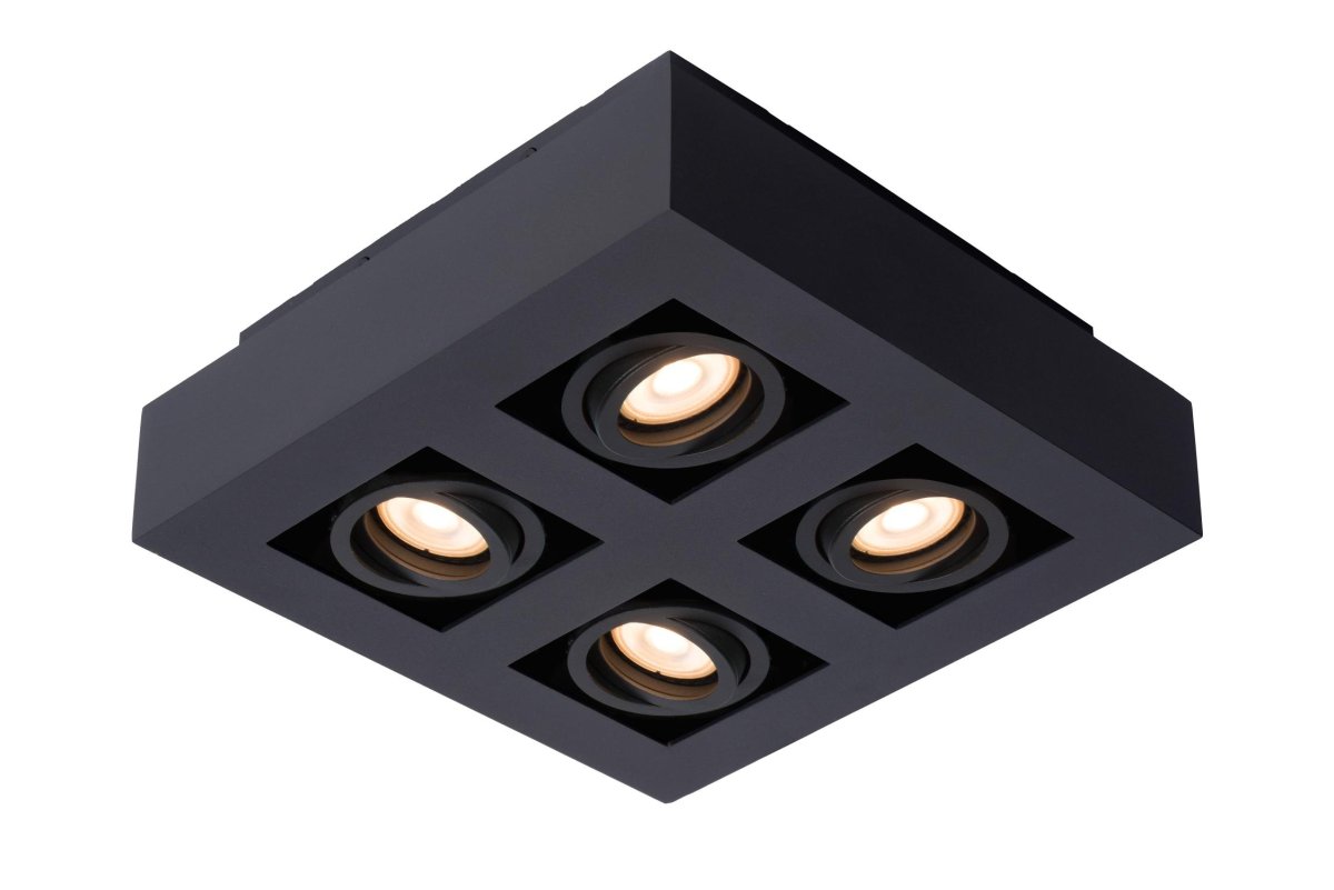 Xirax 4 Svart spotlight Fra Lucide - Juster fargetemperaturen fra varm gul til varm hvit ved &aring; koble lampen til en ekstern dimmer.