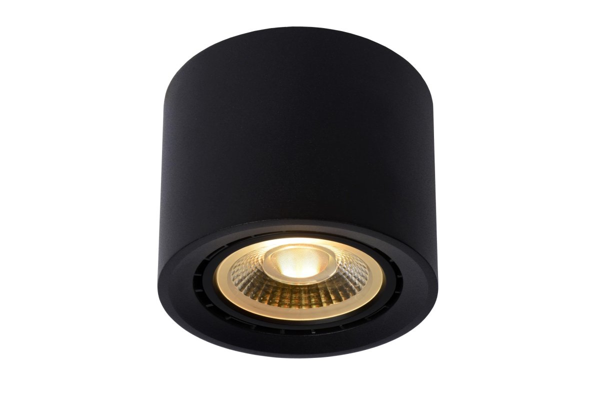 Fedler Svart spotlight Fra Lucide - Takspotten Fedler er kompakt, geometrisk perfekt og har et moderne design med en diameter p&aring; knapt 12 centimeter.