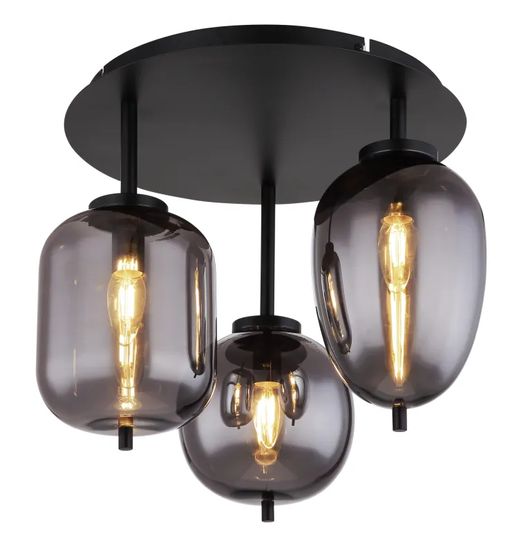 Blacky Ø46 Svart plafond Fra Globo Lighting - Lampan &auml;r utrustad med 3st r&ouml;kf&auml;rgade glaskupor i olika former, som h&auml;nger fr&aring;n taket p&aring; mattsvarta st&auml;nger f&auml;sta vid en matchande bas.