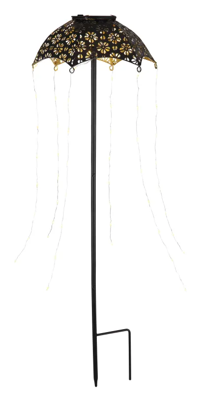 Umbrella Svart solcellelampe Fra Globo Lighting - Skapa en magisk st&auml;mning i tr&auml;dg&aring;rden med Umbrella, en unik solcellsbelysning med vackert utskuret m&ouml;nster och h&auml;ngande ljusslingor.