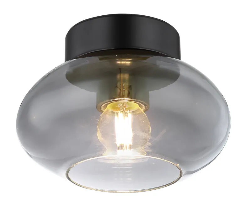 Shaun Ø18 Røykfarget plafond Fra Globo Lighting - Lampan &auml;r tillverkad av mattsvart metall och &auml;r smyckad med en oval sk&auml;rm i r&ouml;kf&auml;rgat glas.