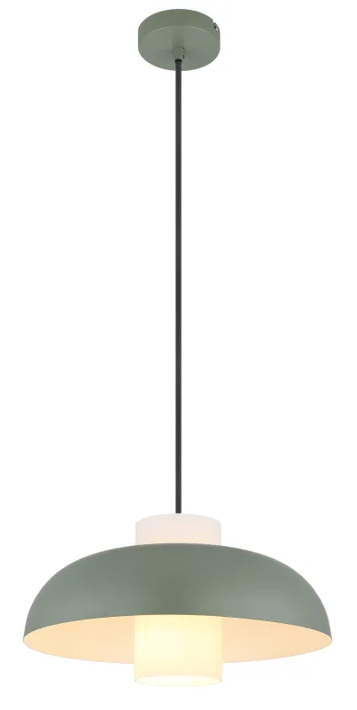 Lowe Ø38 Grønn Taklampe Fra Globo Lighting - Den runda sk&auml;rmen i matt gr&ouml;nf&auml;rgad metall ger ett elegant och tidl&ouml;st uttryck, medan den cylinderformade sk&auml;rmen i opalglas sprider ett mjukt och behagligt ljus.