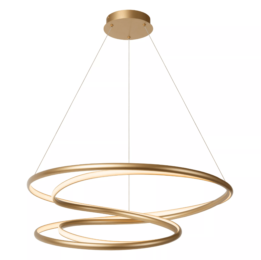 Sardana Ø80 Matt gull Taklampe Fra Lucide - Den integrerte LED-belysningen på 74 W sprer et varmt hvitt lys (2700 K) som er fullt dimbar, noe som gjør det enkelt å skape den rette atmosfæren over spisebordet eller i stuen.