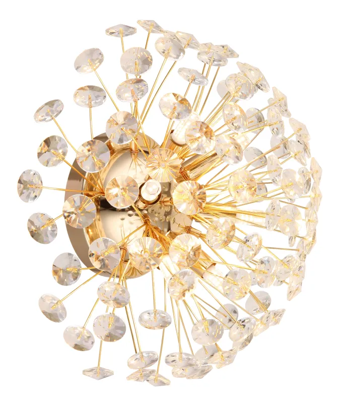 Katrina Ø40 Gull vegglampe Fra Globo Lighting - Den runda stommen i guldf&auml;rgad metall och den halvsf&auml;riska sk&auml;rmen i klara K9-kristaller skapar en lyxig och inbjudande atmosf&auml;r.