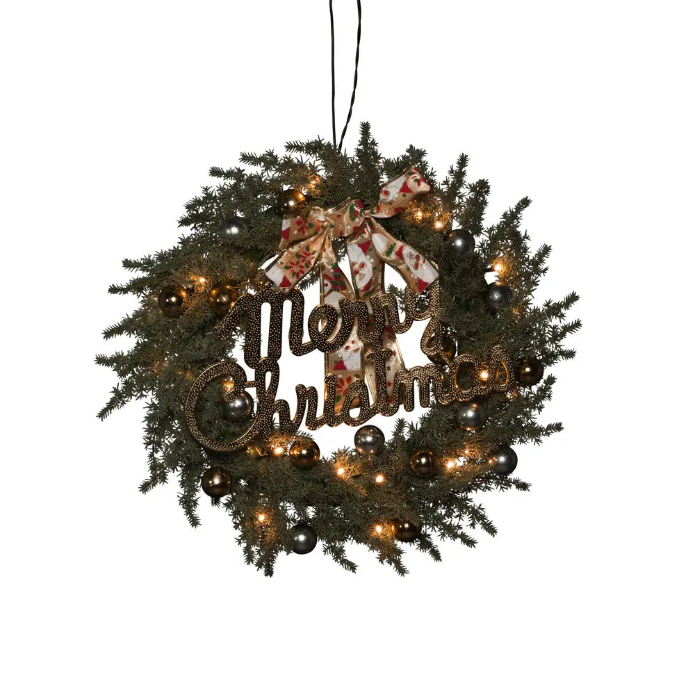 Grankrans Ø40 Grønn Fra Konstsmide - Vakker julekrans med 25 gule LED-lys, dekorative kuler, sl&oslash;yfe og teksten &laquo;God jul&raquo;.