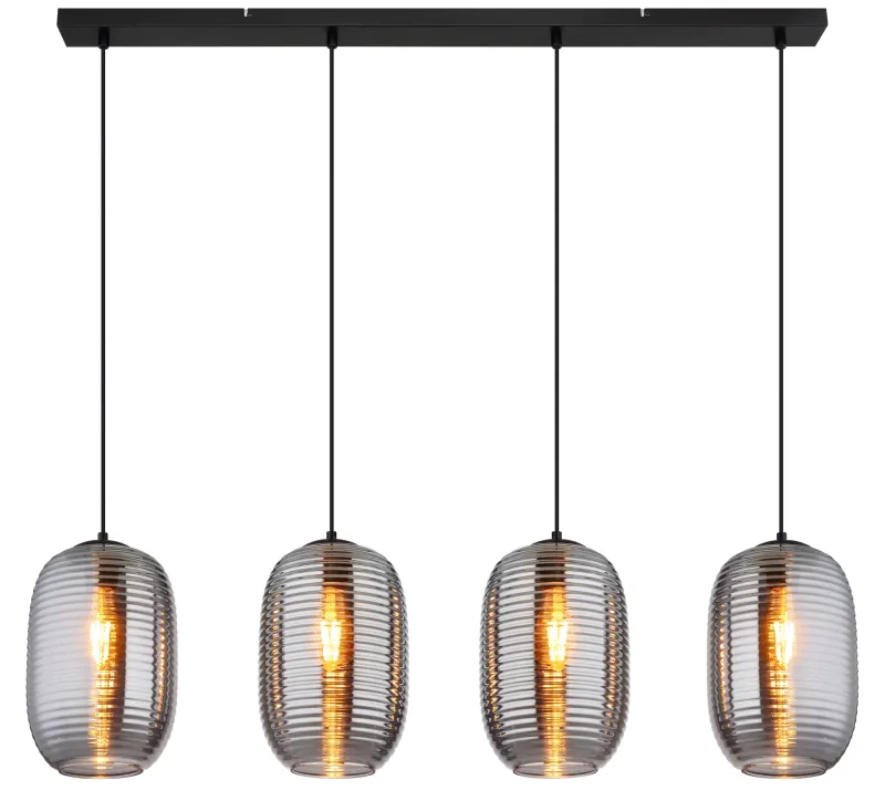 Jefrey 110cm Røykfarget Taklampe Fra Globo Lighting - Denna eleganta taklampa har en avl&aring;ng form och &auml;r utrustad med fyra rundade kupor i r&ouml;kf&auml;rgat glas.