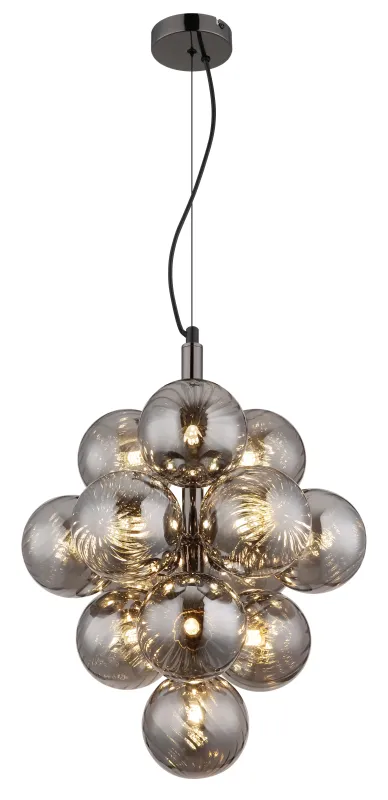 Conor Ø40 Røykfarget Taklampe Fra Globo Lighting - Den har 13st dekorativa r&ouml;kf&auml;rgade glaskupor som alla omfamnar en ljusk&auml;lla vilket skapar en fin och harmonisk ljusspridning i rummet.
