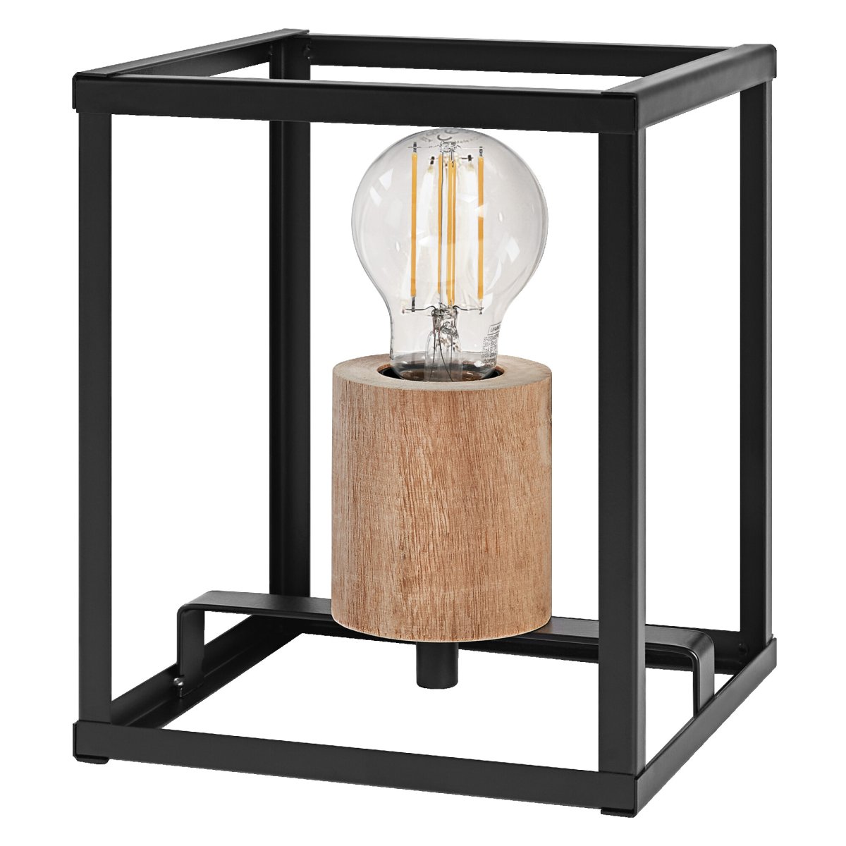 Nairobi 20cm Svart bordlampe Fra Ledvance - Den &aring;pne, geometriske metallrammen i sort gir et luftig og elegant uttrykk, mens den vakre tredetaljen skaper en varm og innbydende f&oslash;lelse.