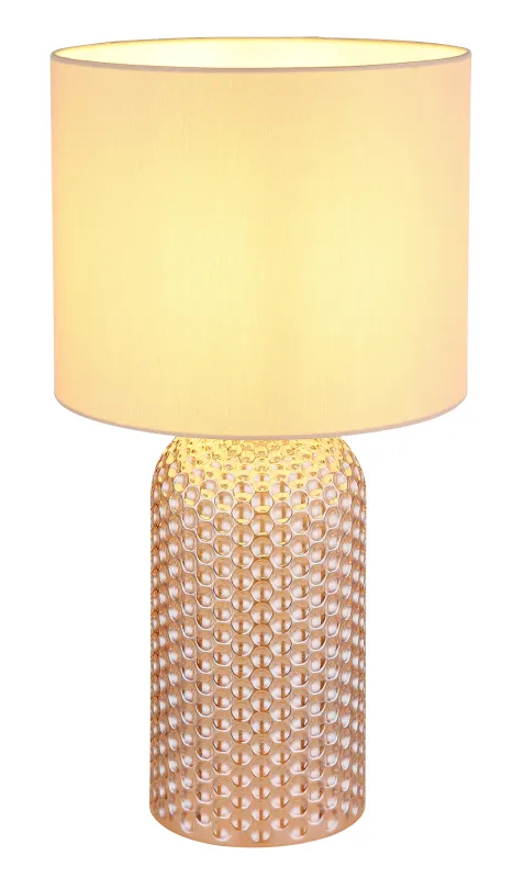 Sofia 50cm Champagne bordlampe Fra Globo Lighting - Bordslampan Sofia imponerar med sin eleganta kombination av en texturerad glaskropp och en cylindrisk textilsk&auml;rm i lyxig champagneton.