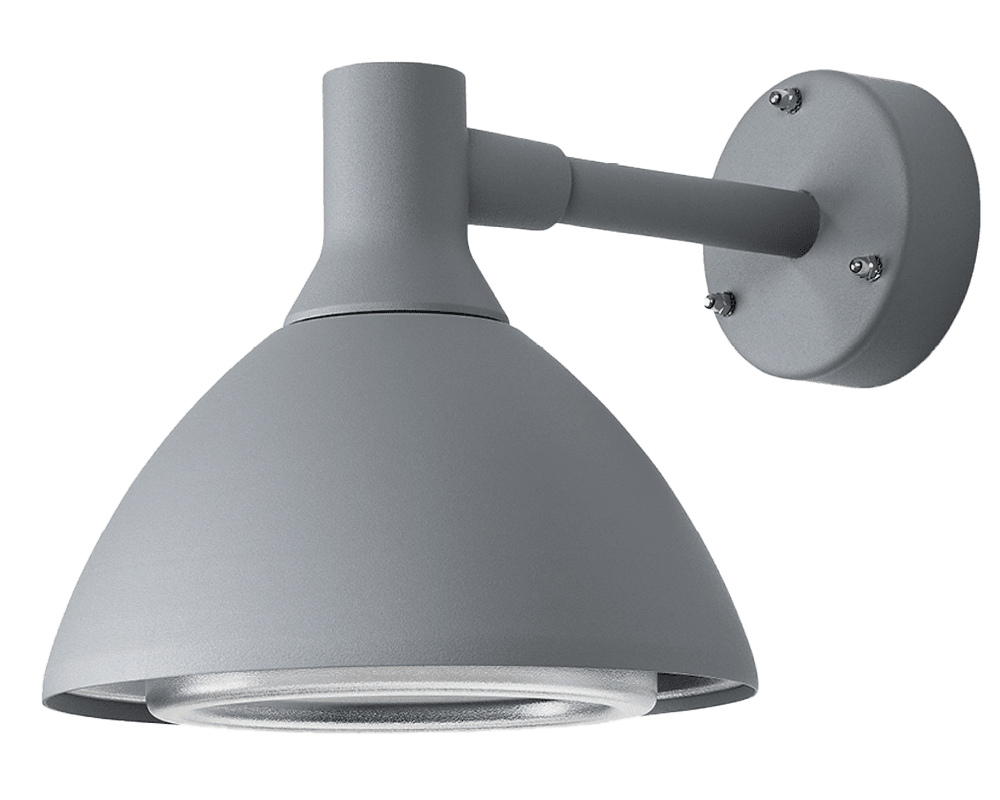 Ark Mini Grå utendørslampe Fra Westal - Ark mini vegglampe er en veggarmatur med dempet downlight, laget av kromatert og pulverlakkert aluminium med blendingsbeskyttelse i PET-G.
