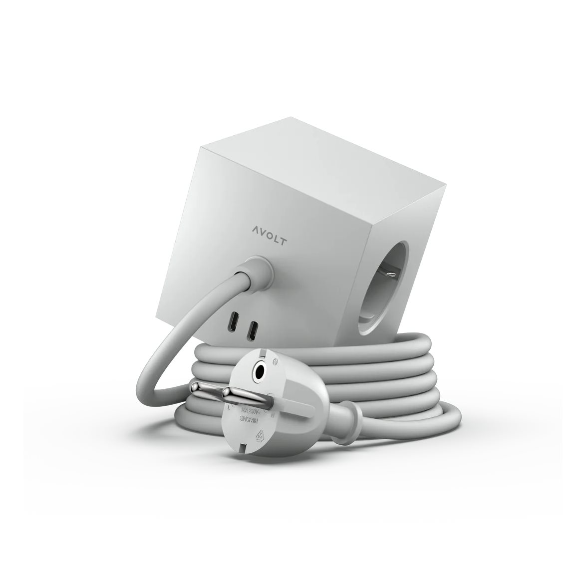 Square 1 with 30W Dual USBC & Magnetic base, 3m Grå Fra Avolt - Styreskinne fra Avolt med et stilig design med lang PVC-ledning, en kube laget av resirkulert plast og en magnetisk plate i bunnen slik at den kan henges p&aring; veggen.