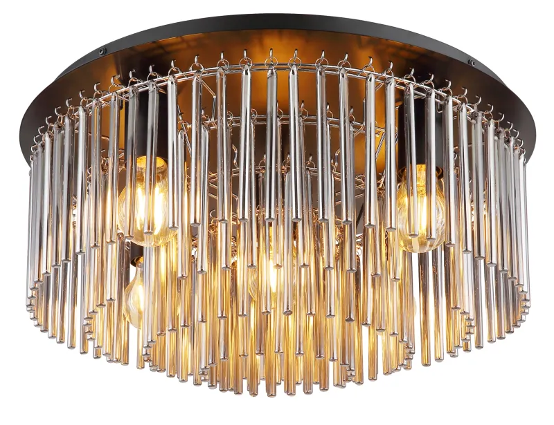 Gorley Ø50 Røykfarget plafond Fra Globo Lighting - Dess design imponerar med en stilfull kombination av mattsvart metall, gl&auml;nsande krom och r&ouml;kf&auml;rgade glasstavar.