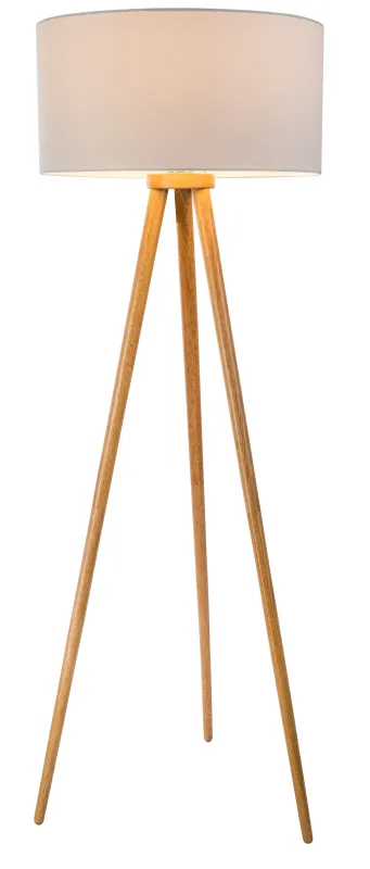Stabilo Natur gulvlampe Fra Globo Lighting - &nbsp;Den stilrena stommen i brunt tr&auml; tillsammans med den vita textilsk&auml;rmen skapar en harmonisk och tidl&ouml;s look som sm&auml;lter in i b&aring;de klassiska och moderna interi&ouml;rer.