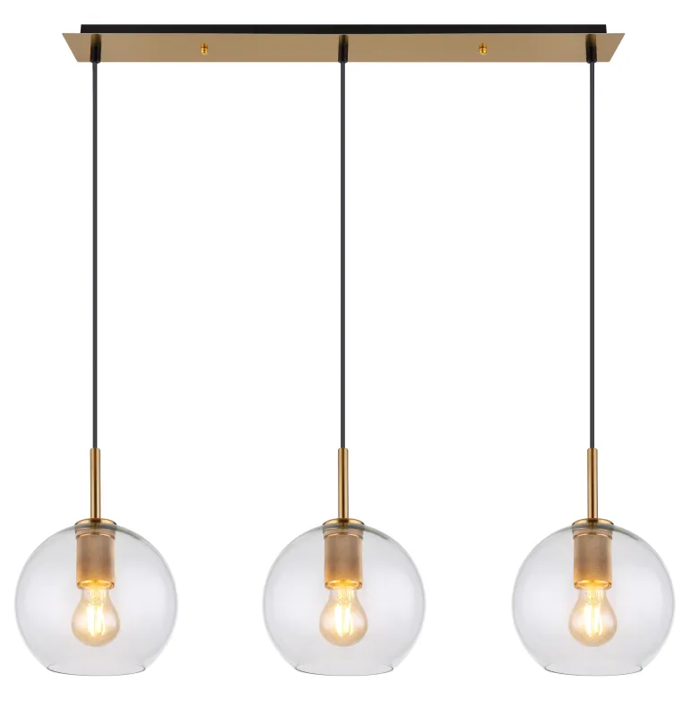 Adara 140cm Gull Taklampe Fra Globo Lighting - De tre glasgloberna h&auml;nger i justerbara rep och kan anpassas i h&ouml;jd upp till 1,2 meter, vilket ger flexibilitet i belysningen.