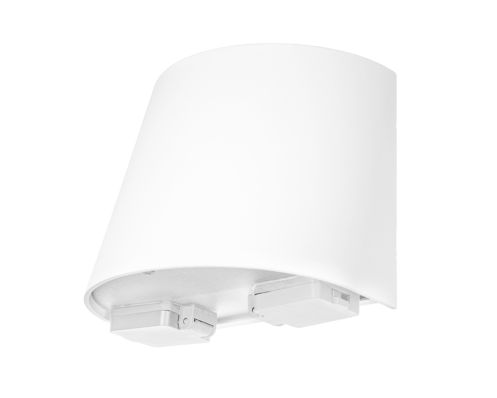 Mini m. uttag Hvit utendørslampe Fra Westal - Baksiden er utstyrt med to innganger og utganger samt en 4-pins hurtigkoblingsklemme.