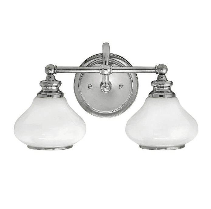 Ainsley 40cm Polert krom baderomslampe Fra Elstead Lighting - De kuppelformede opalglasskjermene gir et mykt og behagelig lys og er kombinert med elegant polert krom som setter prikken over i-en.