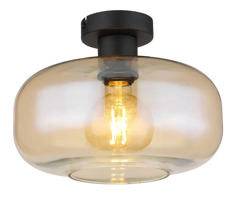Giuseppe Ø28 Rav plafond Fra Globo Lighting - Lampan &auml;r tillverkad av mattsvart metall och &auml;r smyckad med en vackert formad glaskupa i amberf&auml;rgat glas.