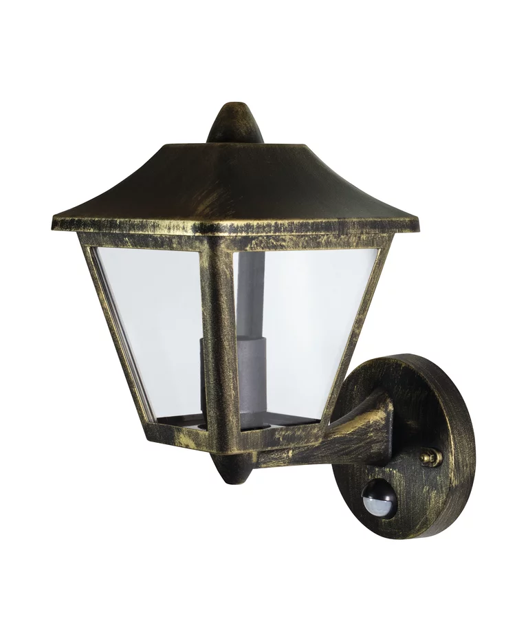 Tradition Sensor Svart/gull utendørslampe Fra Ledvance - Tradition Sensor er en stilig vegglampe i klassisk lanternedesign, perfekt for &aring; skape en innbydende atmosf&aelig;re ved innganger, innkj&oslash;rsler og fasader.