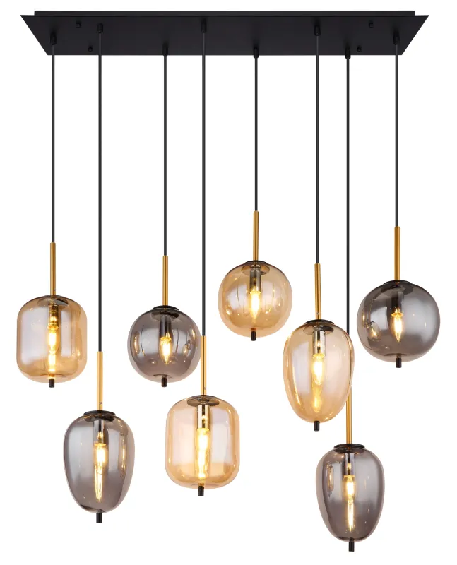 Blacky 102cm Rav Taklampe Fra Globo Lighting - De &aring;tta r&ouml;k- och amberf&auml;rgade glasgloberna i olika former h&auml;nger fr&aring;n en svart, rektangul&auml;r takplatta och kan justeras upp till 120 cm fr&aring;n taket.