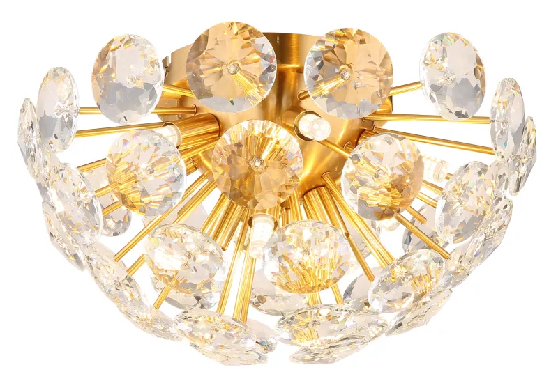 Virina Ø40 Gull plafond Fra Globo Lighting - Dess eleganta design kombinerar en gyllene metallkropp med en sk&auml;rm av klara kristaller, vilket ger en lyxig och sofistikerad k&auml;nsla till ditt hem.