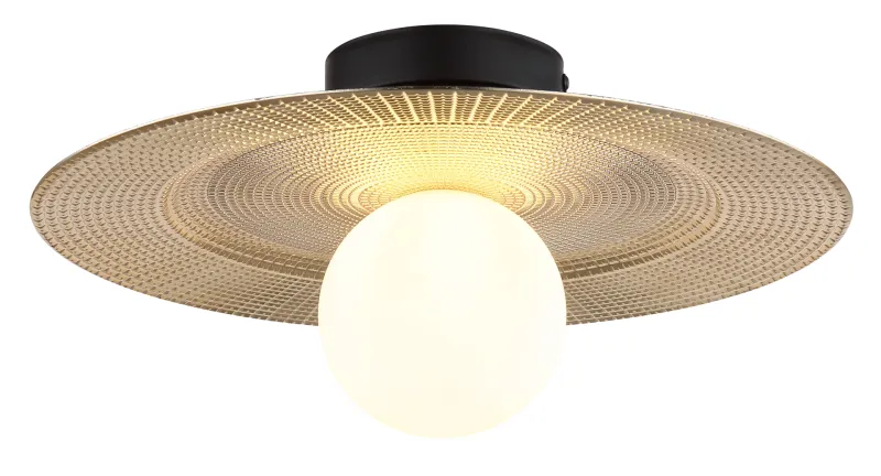 Riga Ø33 Gull plafond Fra Globo Lighting - Lampan &auml;r tillverkad av mattsvart metall och den platta sk&auml;rmen i plast med nyanser av svart, guld och opal ger den en modern och sofistikerad design.