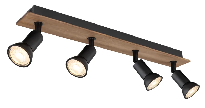 Drew 4 Natur spotlight Fra Globo Lighting - Drew &auml;r en stilren takspotlight som imponerar med sin design i svart metall och m&ouml;rkt tr&auml;.