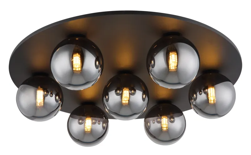 Riha Ø60 Røykfarget plafond Fra Globo Lighting - Den mattsvarta metallen i kombination med 7st r&ouml;kf&auml;rgade glas ger ett sofistikerat uttryck och passar perfekt in i olika inredningsstilar.