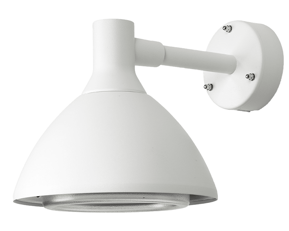 Ark Mini Hvit utendørslampe Fra Westal - Ark mini vegglampe er en veggarmatur med dempet downlight, laget av kromatert og pulverlakkert aluminium med blendingsbeskyttelse i PET-G.