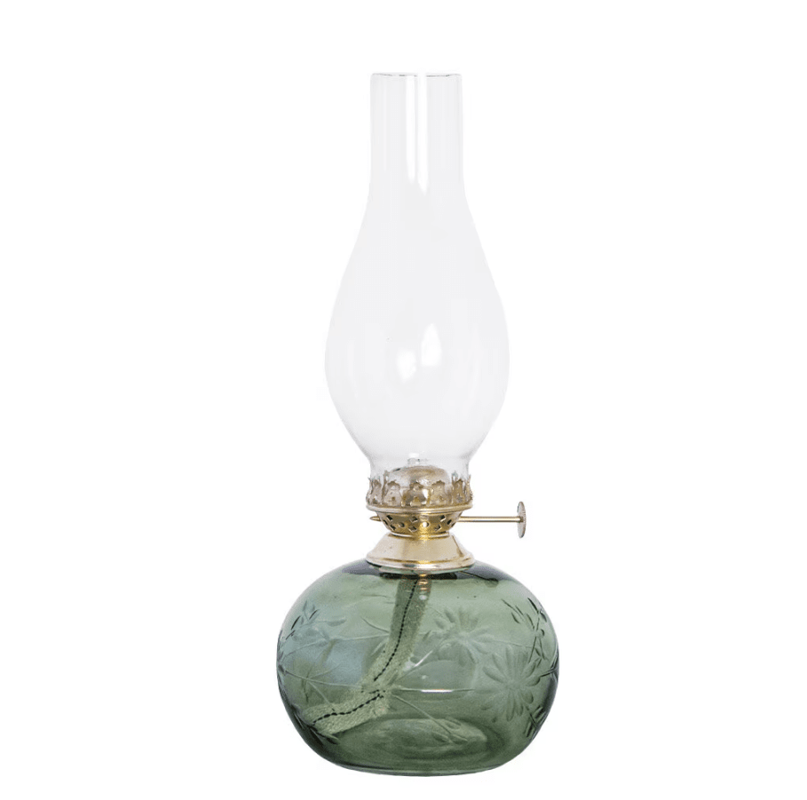 Kerosene lamp Oval Grønn Fra Strömshaga - Nydelig gr&oslash;nn glassparafinlampe med etsede blomster.