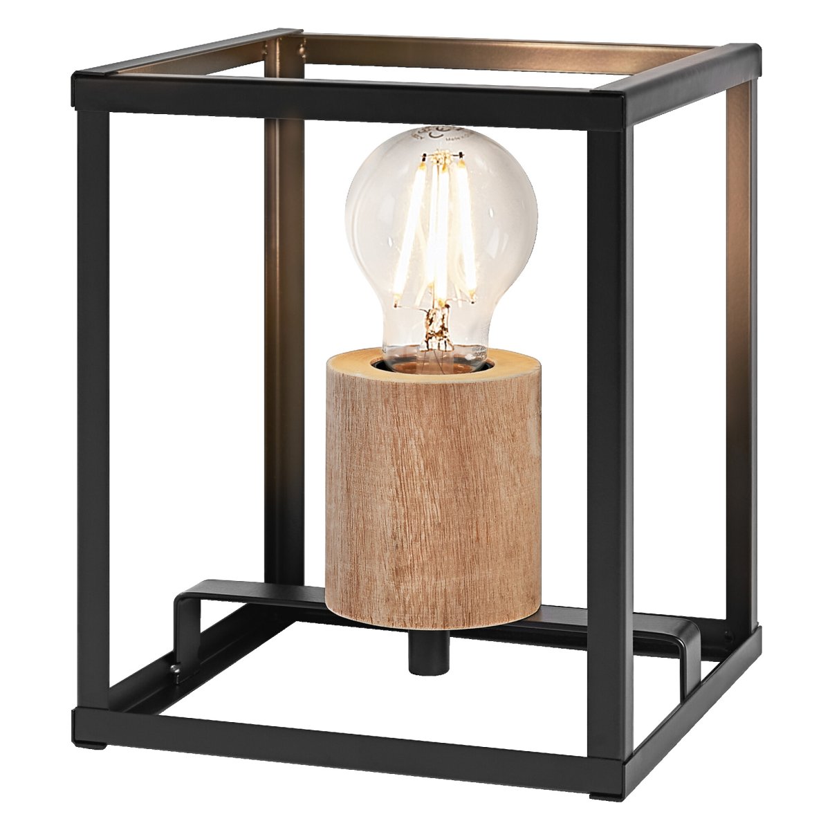 Nairobi 20cm Svart bordlampe Fra Ledvance - Den &aring;pne, geometriske metallrammen i sort gir et luftig og elegant uttrykk, mens den vakre tredetaljen skaper en varm og innbydende f&oslash;lelse.