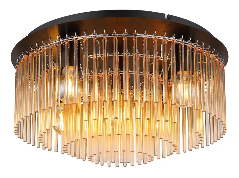 Gorley Ø50 Rav plafond Fra Globo Lighting - Dess design imponerar med en stilfull kombination av mattsvart metall och dekorativa stavar i klart och amberf&auml;rgat glas.