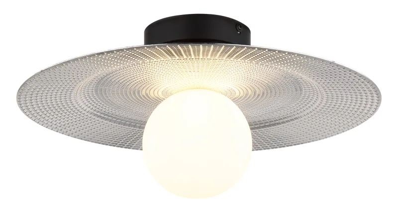 Riga Ø33 Sølv plafond Fra Globo Lighting - Lampan &auml;r tillverkad av mattsvart metall och den platta sk&auml;rmen i plast med nyanser av svart, silver och opal ger den en modern och sofistikerad design.