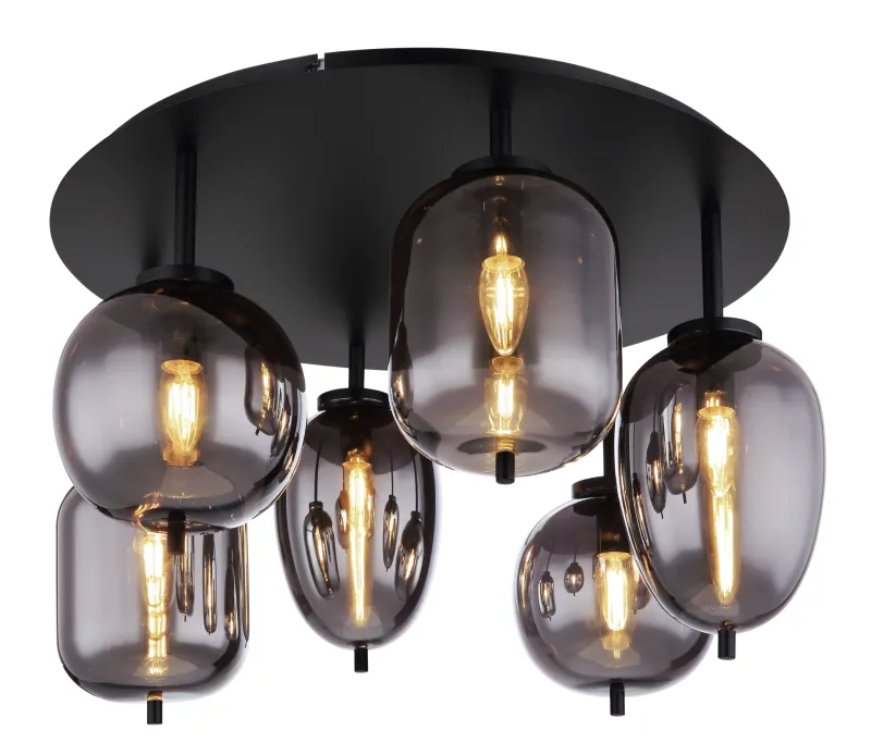 Blacky Ø63 Svart plafond Fra Globo Lighting - Lampan &auml;r utrustad med 6st r&ouml;kf&auml;rgade glaskupor i olika former, som h&auml;nger fr&aring;n taket p&aring; mattsvarta st&auml;nger f&auml;sta vid en matchande bas.